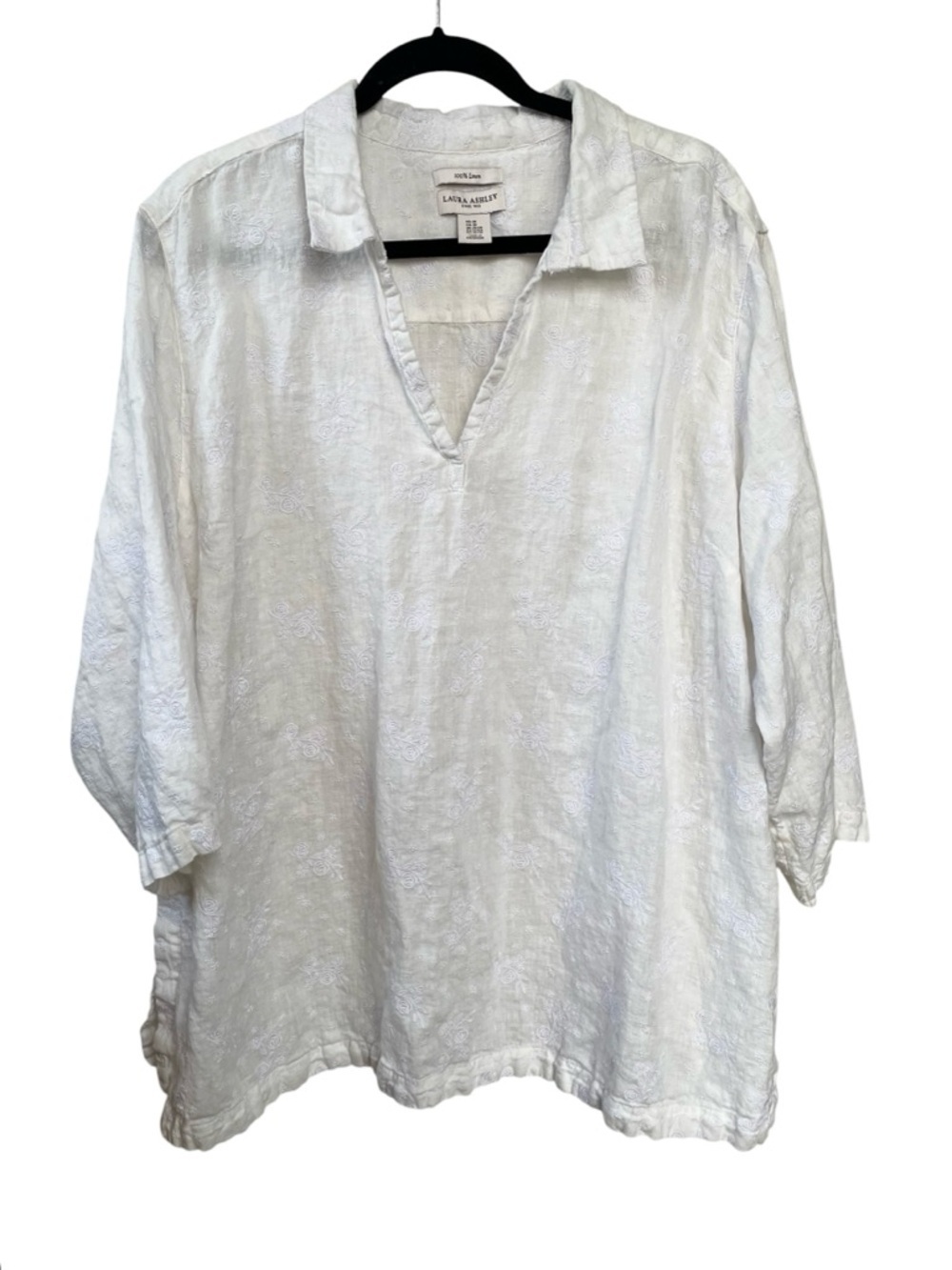 Laura Ashley White Linen Oversized Textured V-Neck Popover Blouse 3X